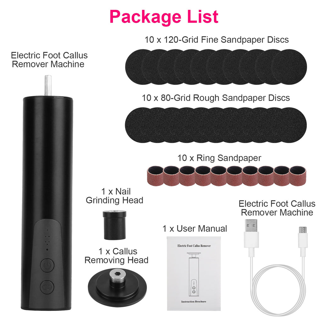 1Set Electric Foot Callus Remover 2 In 1 Rechargeable Foot File Nail Grinder Dead Skin Pedicure Tool Machine With 2 Grinding Heads Total 30Pcs Replaceable Sandpapers For Men Women